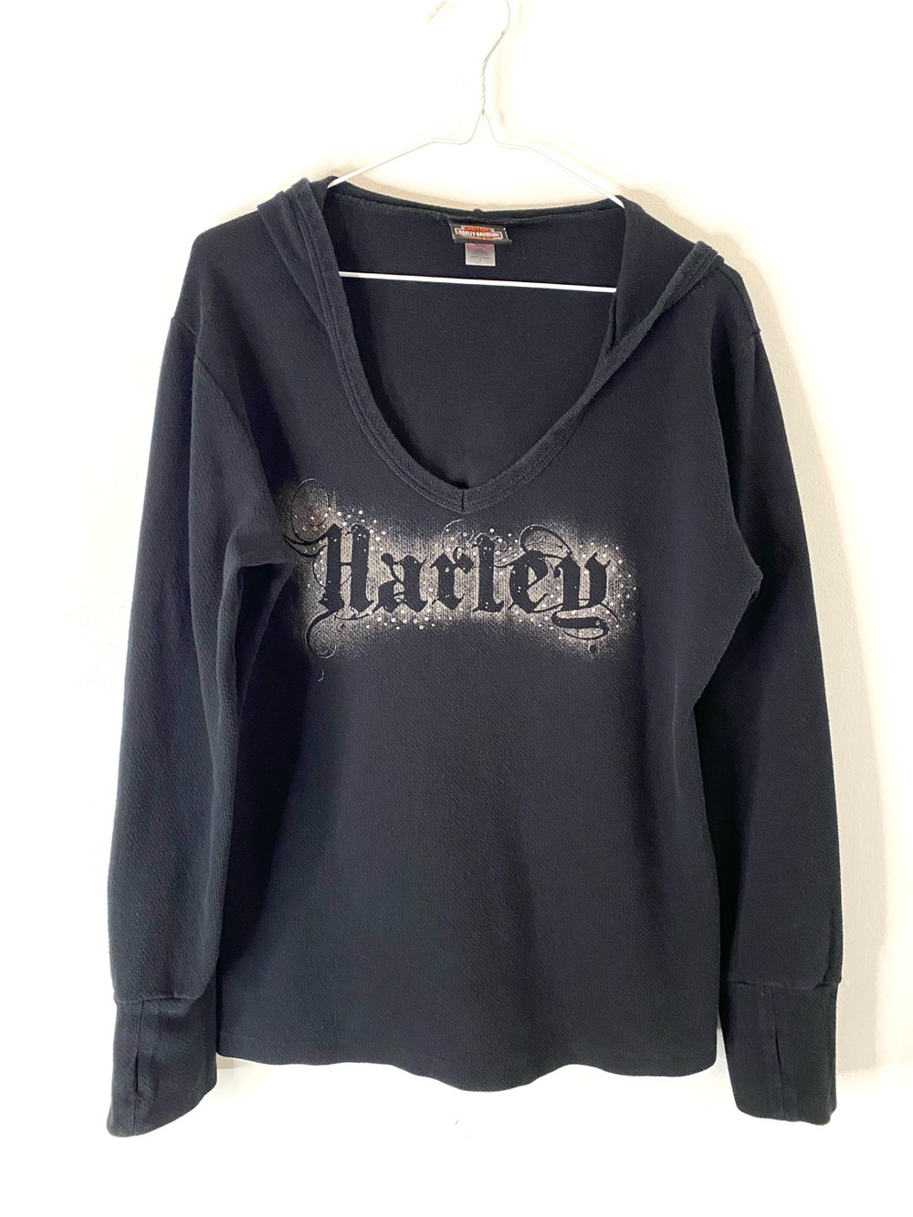 Harley-Davidson Black Rhinestone Gothic Logo V Neck Hoodie Y2K Biker